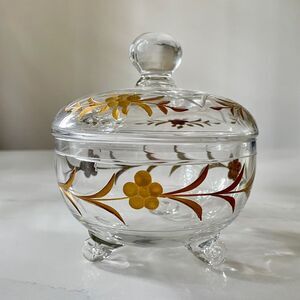 Vintage glass candy dish with lid vintage sugar bowl gold etched mcm